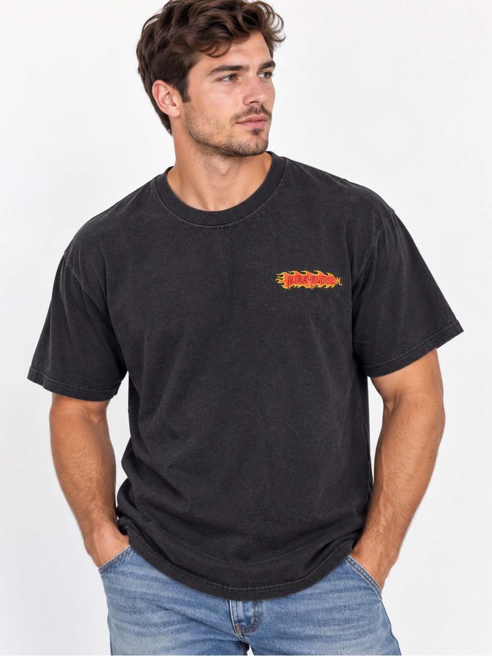 Harley-Davidson Men’s Black Flame Logo T-Shirt Size Large Biker Y2K